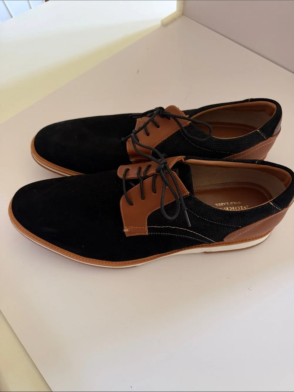 Moretti Men's Black and Brown Casual Plain Toe Oxfords Sz 14D.  New. Tub9